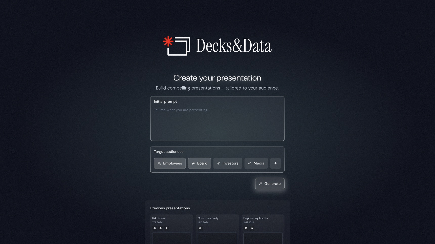 Decks&Data – Multi-agent slide generation for multi-audience communication
